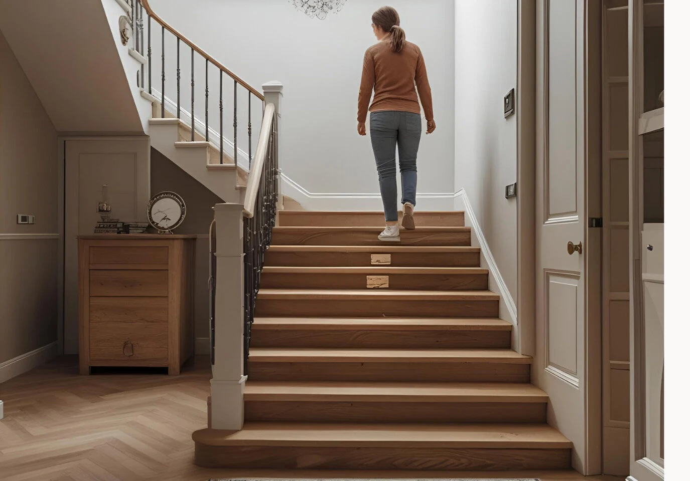 Iemand die een veilige trap in huis oploopt